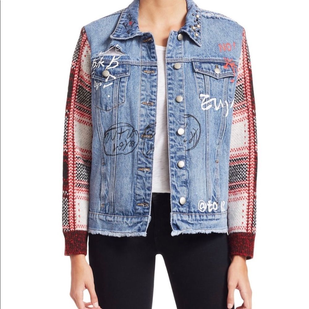 Scripted Distressed Plaid Denim Jacket Large NWT